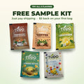 Todo Saludable free sample kit: one sachet each of Mushroom Coffee, Vanilla Coffee, Lemonade, Intense Detox and Collagen